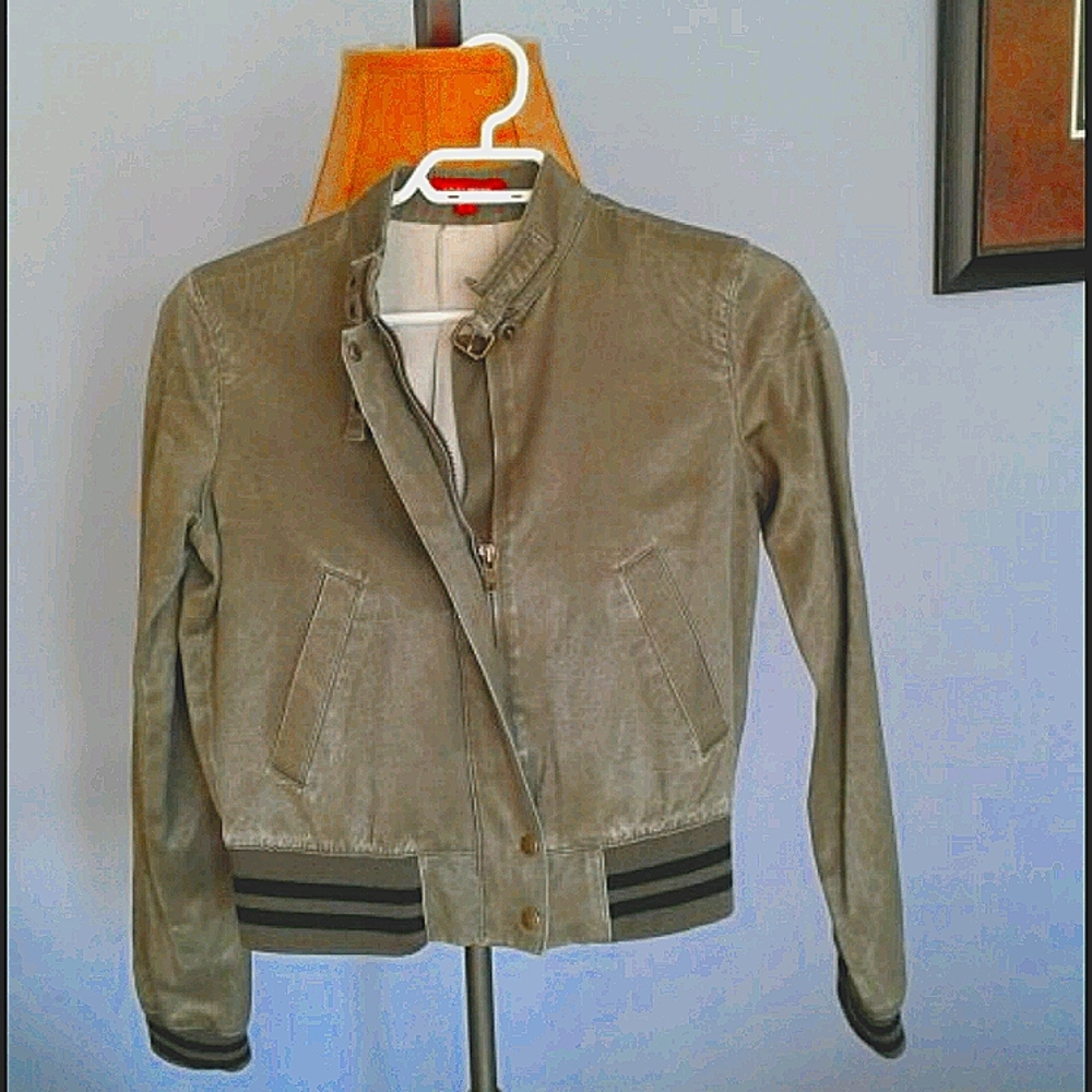 Olive Bomber Jacket with rib waist.  Replace your blazer with this cute bomber